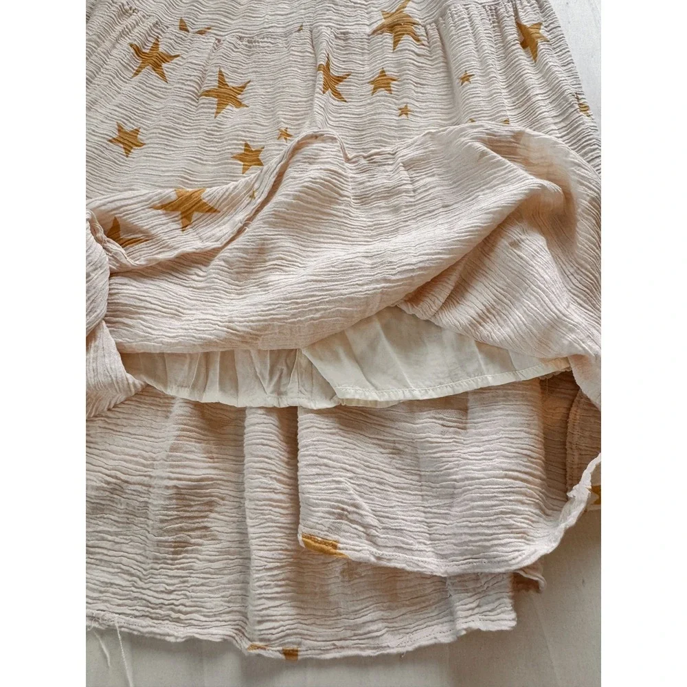 Storia Gold Star Midi Sun Dress Cream Tie Shoulder Smocked Tiered XS Guaze